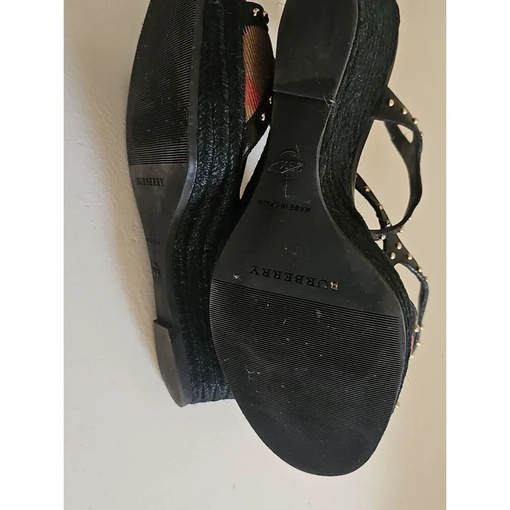 Burberry Check Studded Espadrille Wedge Sandals Black EU 39.5 Leather
